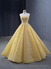Yellow Tulle Strapless Sequins Beading Prom Dress